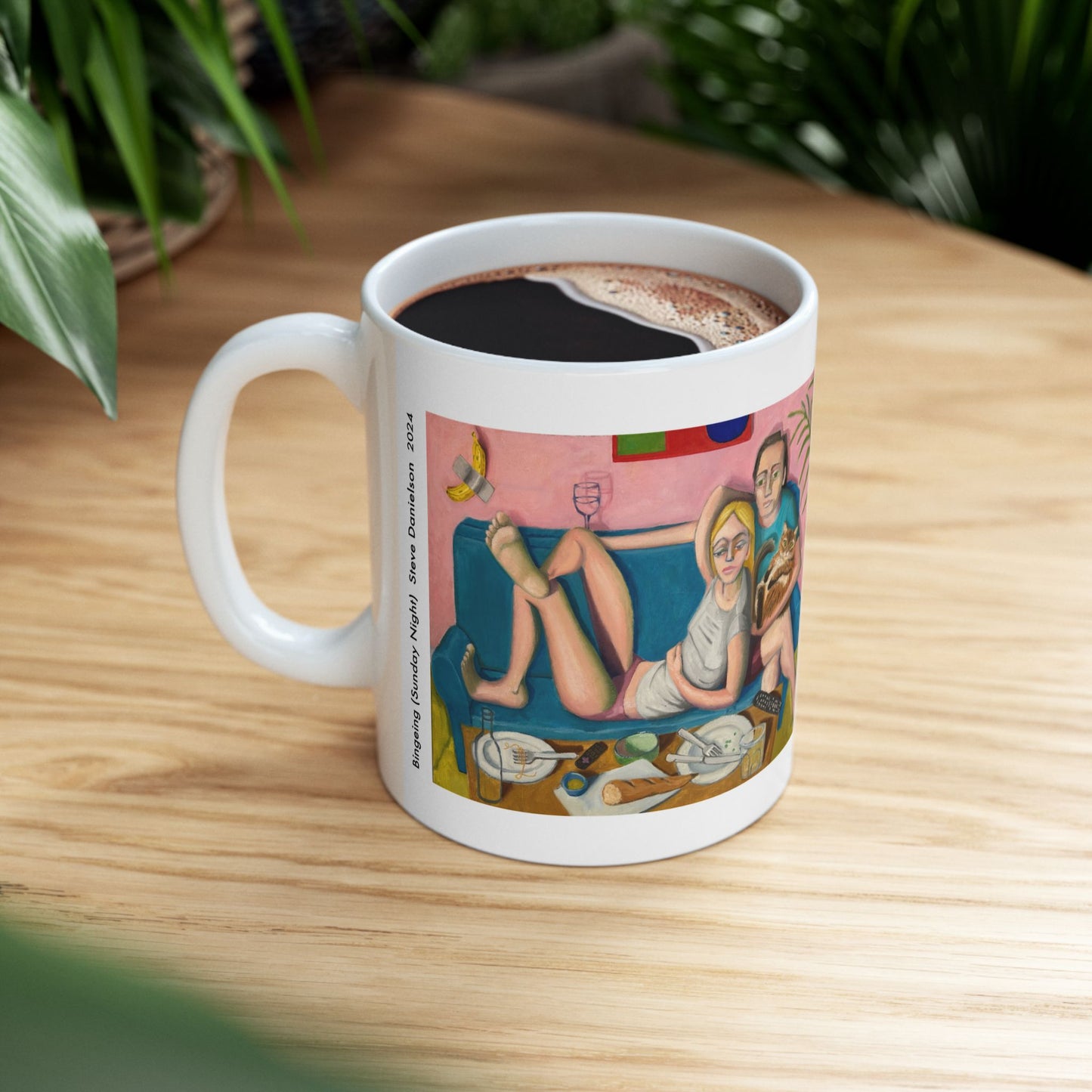 Bingeing (Sunday Night) Ceramic Mug — Cozy Couple & Cat Illustration Coffee Cup (11oz/15oz)