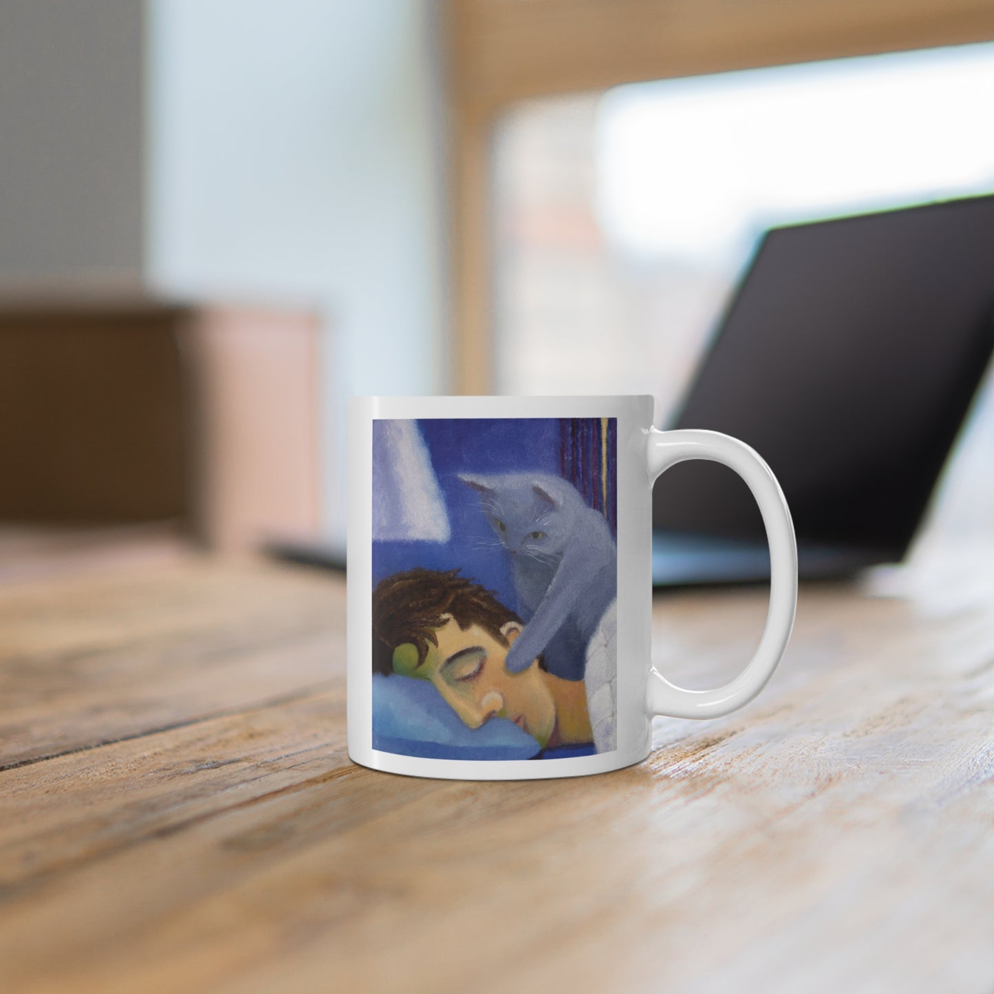 IYKYK Ceramic Mug — Artful 'Wake Me' Cat on Sleeping Person Coffee Cup 11oz