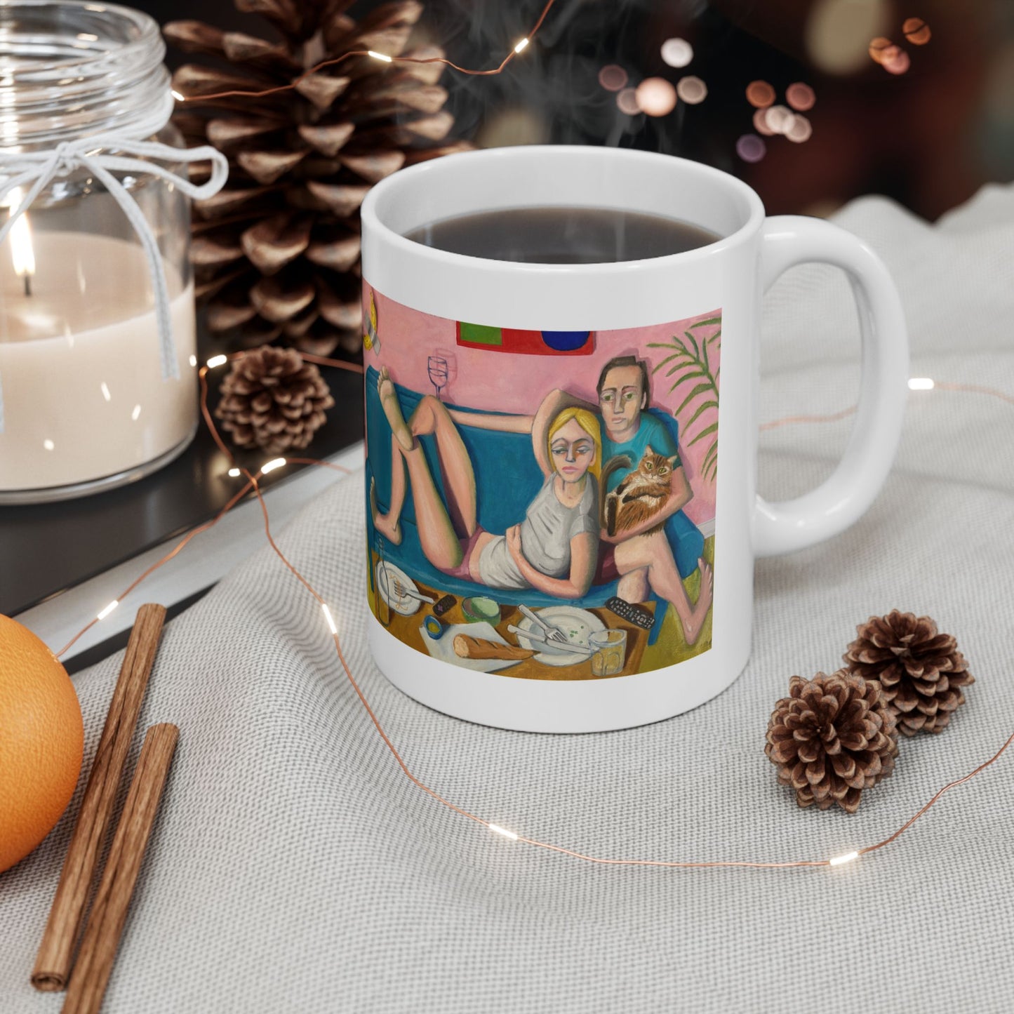 Bingeing (Sunday Night) Ceramic Mug — Cozy Couple & Cat Illustration Coffee Cup (11oz/15oz)