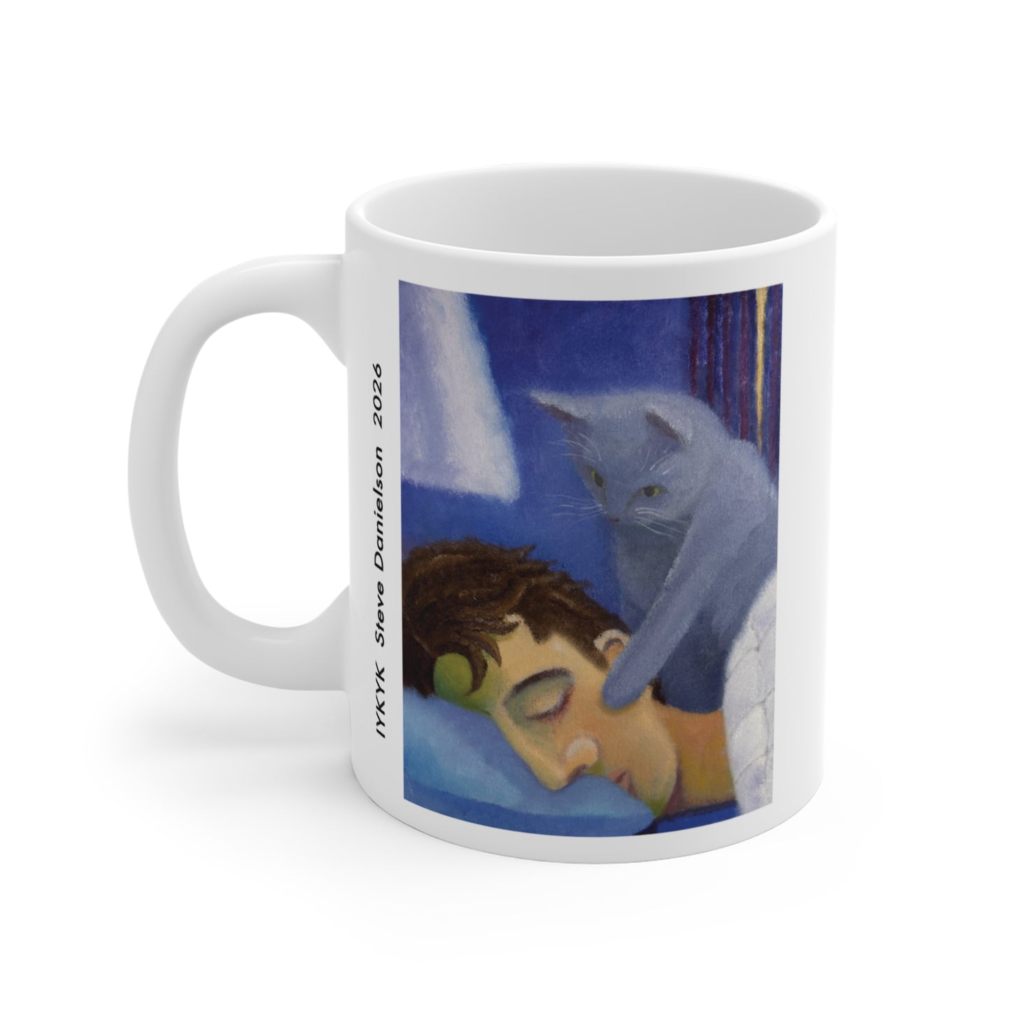 IYKYK Ceramic Mug — Artful 'Wake Me' Cat on Sleeping Person Coffee Cup 11oz