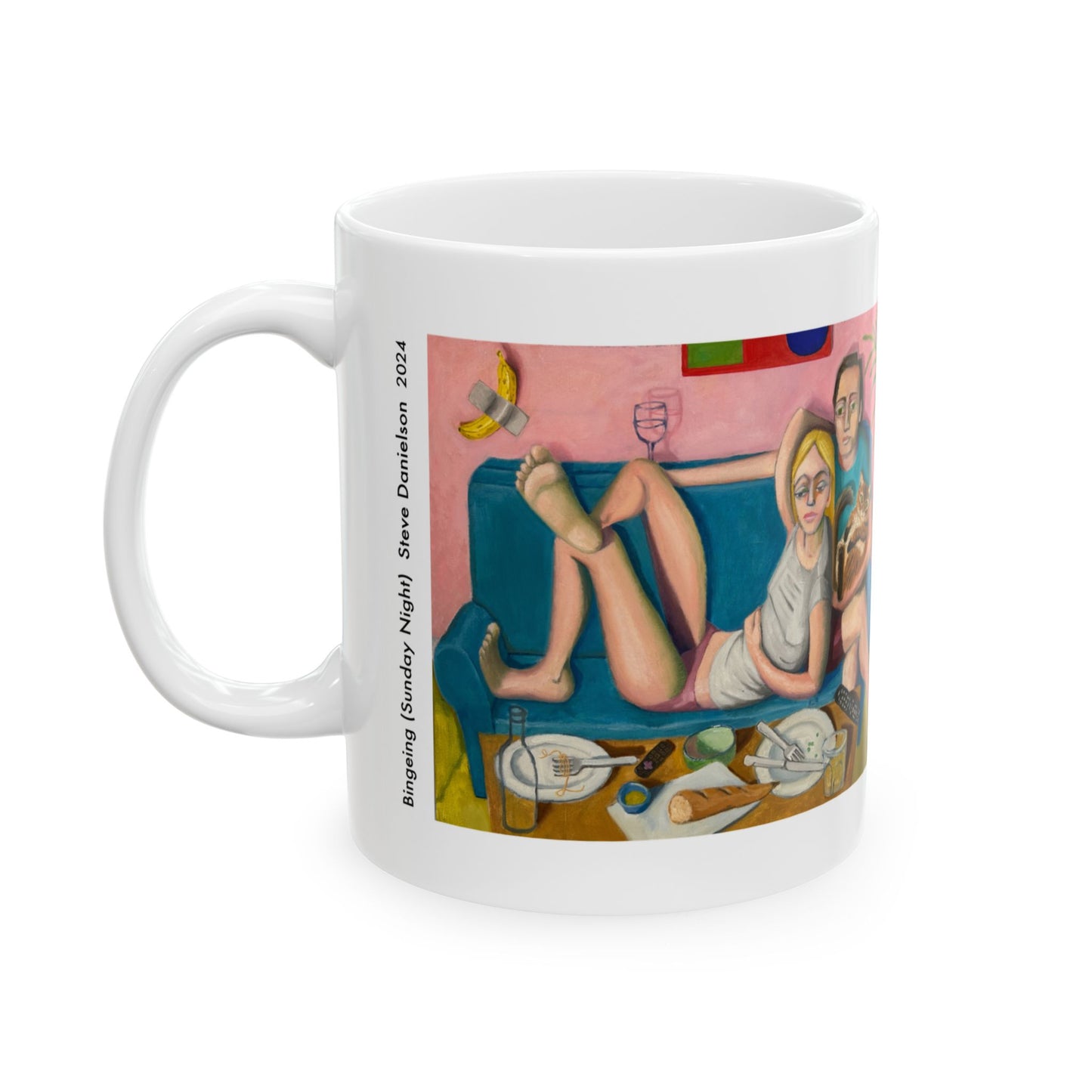 Bingeing (Sunday Night) Ceramic Mug — Cozy Couple & Cat Illustration Coffee Cup (11oz/15oz)