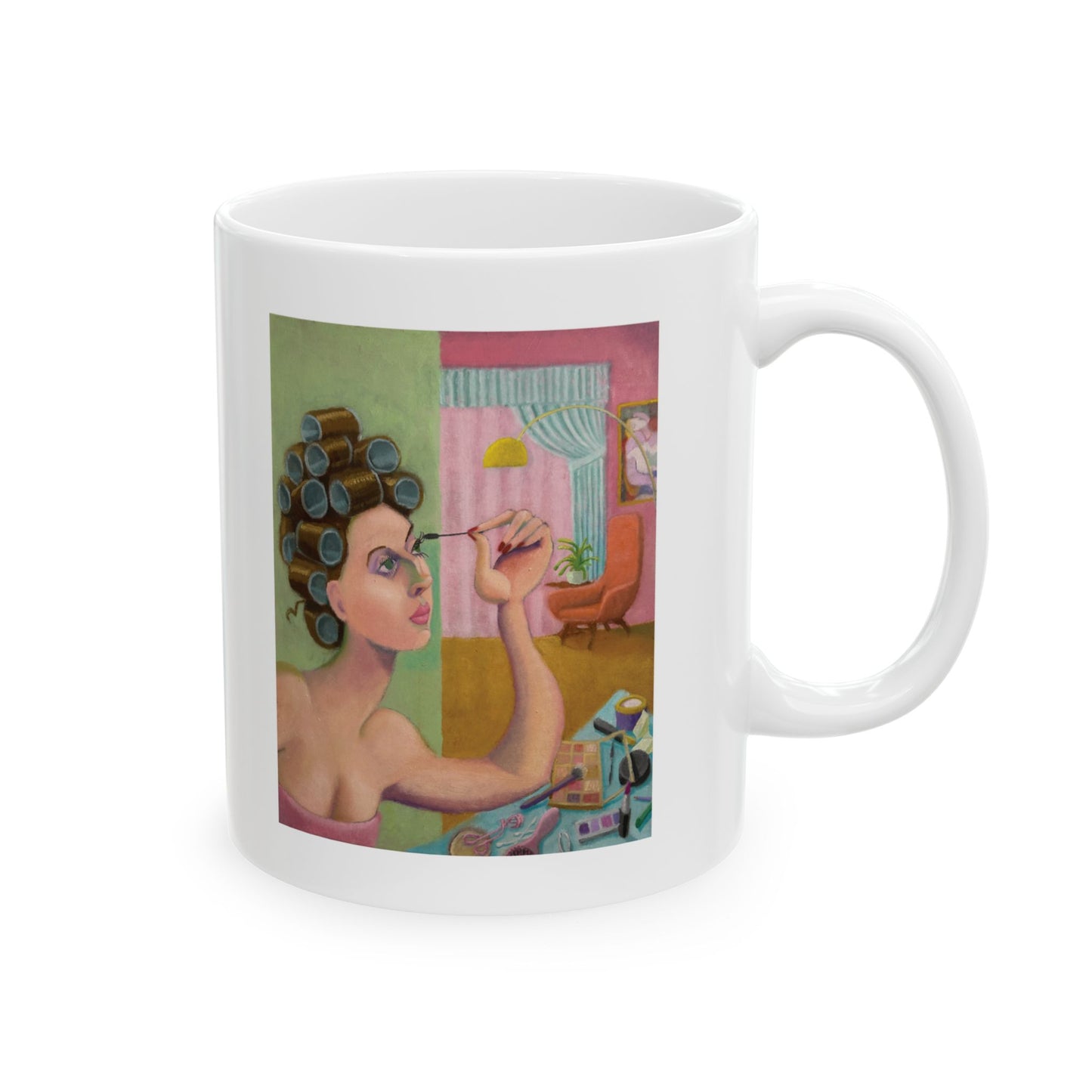 Retro Woman in Rollers Ceramic Mug — Colorful Portrait Coffee Cup (11oz, 15oz)