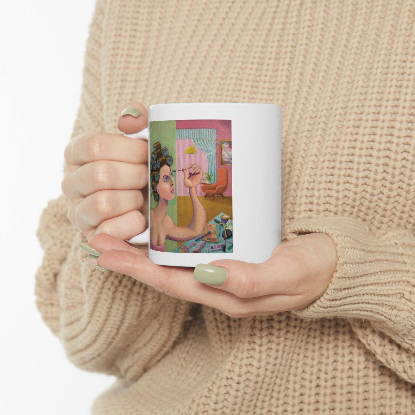 Retro Woman in Rollers Ceramic Mug — Colorful Portrait Coffee Cup (11oz, 15oz)