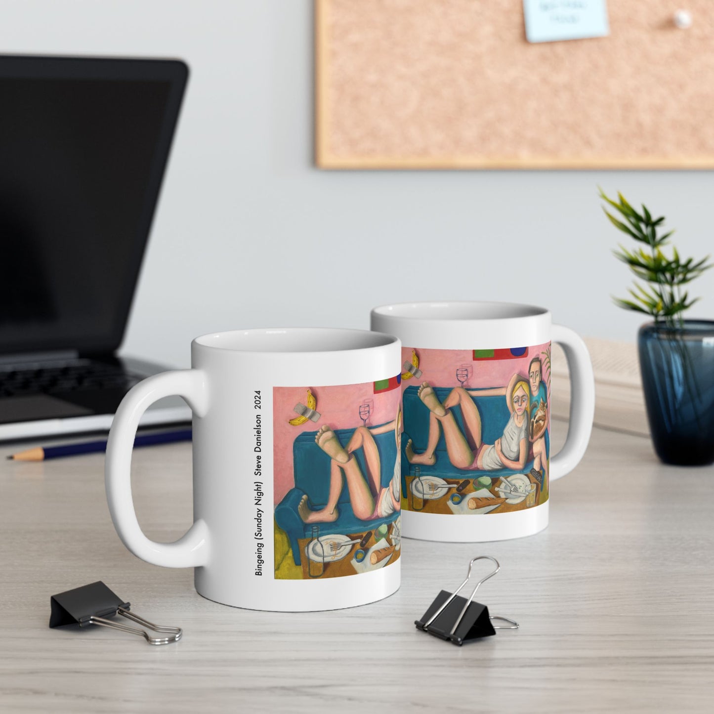 Bingeing (Sunday Night) Ceramic Mug — Cozy Couple & Cat Illustration Coffee Cup (11oz/15oz)