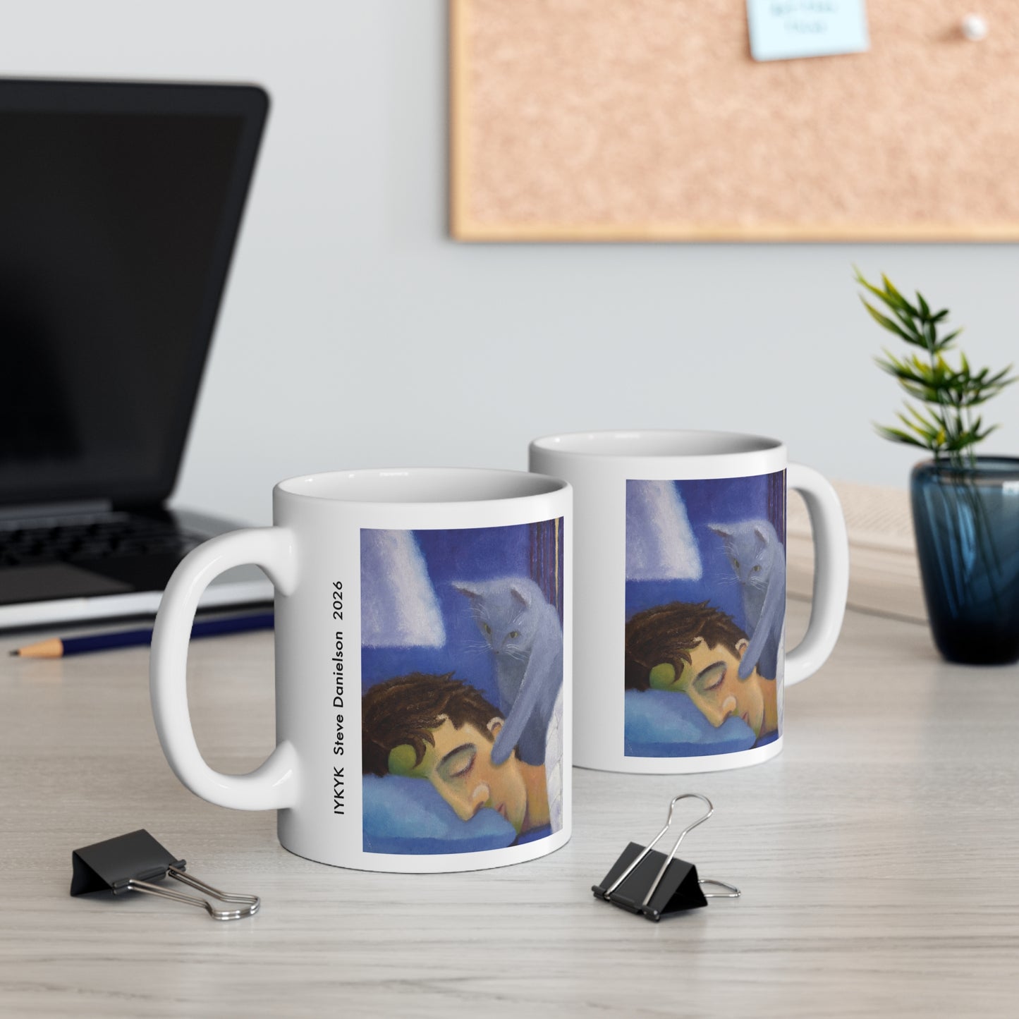 IYKYK Ceramic Mug — Artful 'Wake Me' Cat on Sleeping Person Coffee Cup 11oz