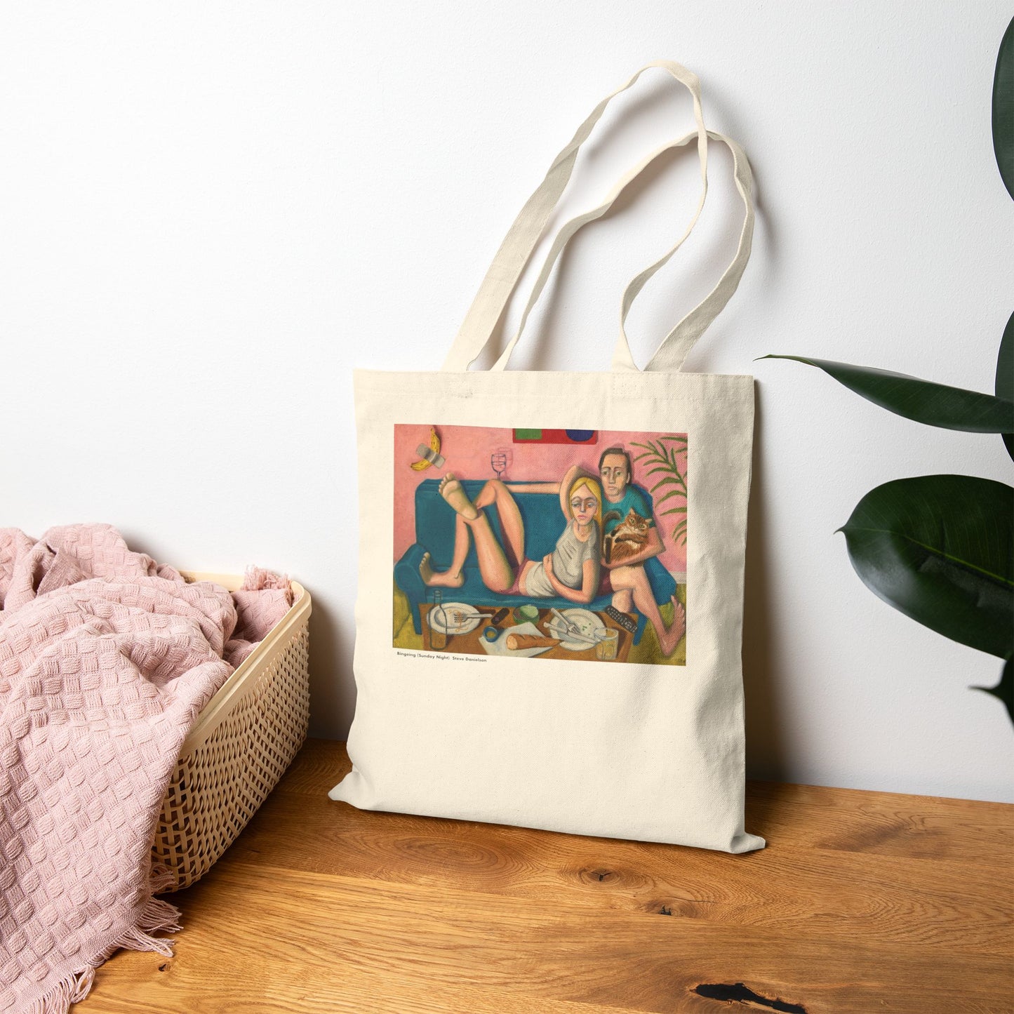 Bingeing (Sunday Night)  — Cotton Canvas Tote Bag with Snuggling Couple & Cat Illustration