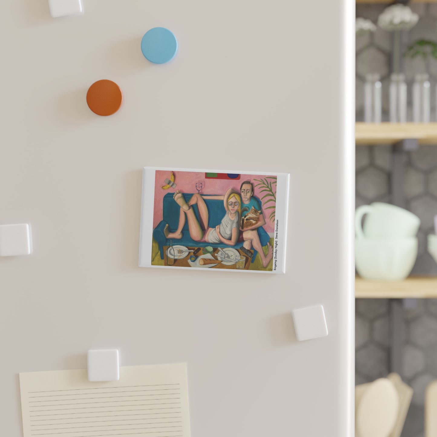 Bingeing (Sunday Night)  Rectangle Art Magnet — Cozy Couple Living Room Illustration