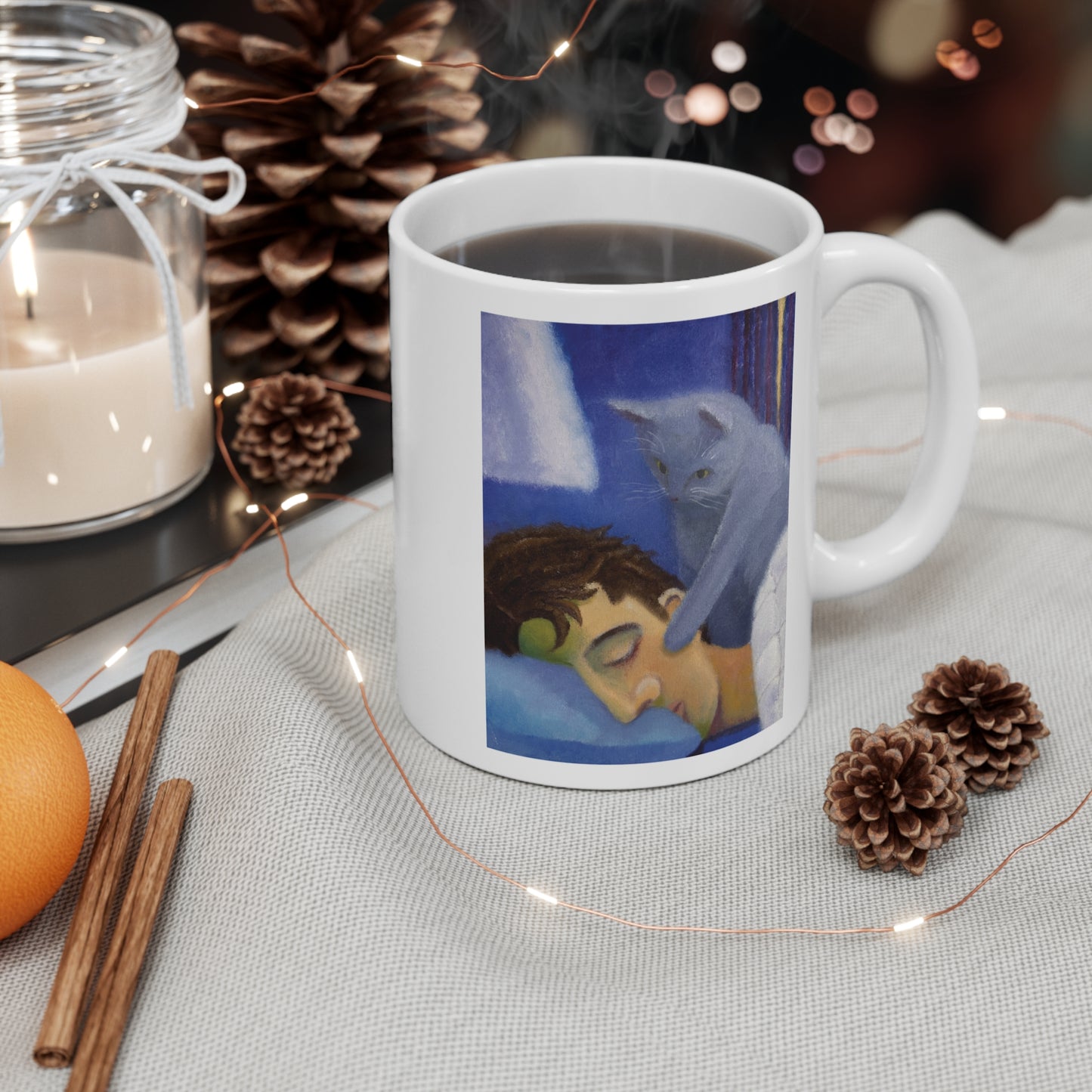 IYKYK Ceramic Mug — Artful 'Wake Me' Cat on Sleeping Person Coffee Cup 11oz