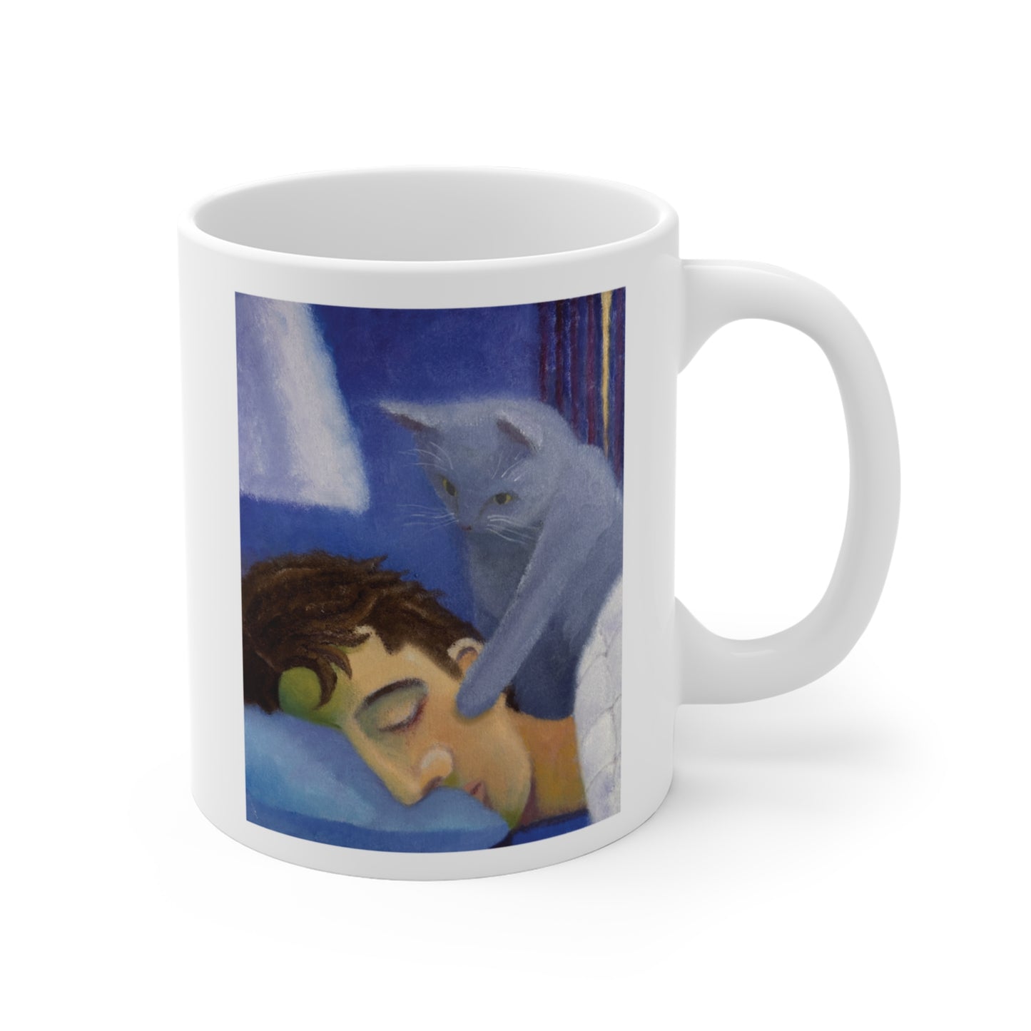 IYKYK Ceramic Mug — Artful 'Wake Me' Cat on Sleeping Person Coffee Cup 11oz
