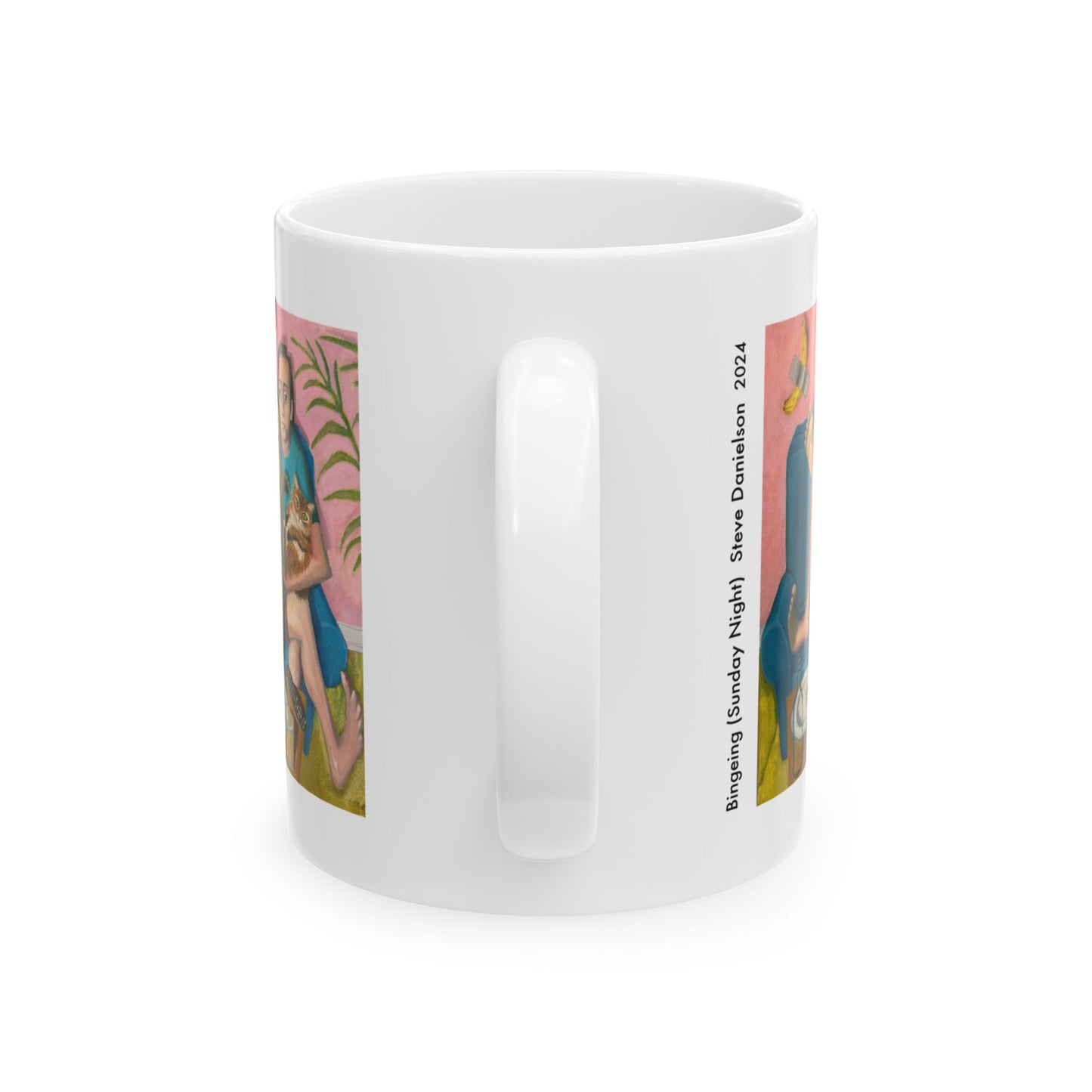 Bingeing (Sunday Night) Ceramic Mug — Cozy Couple & Cat Illustration Coffee Cup (11oz/15oz)