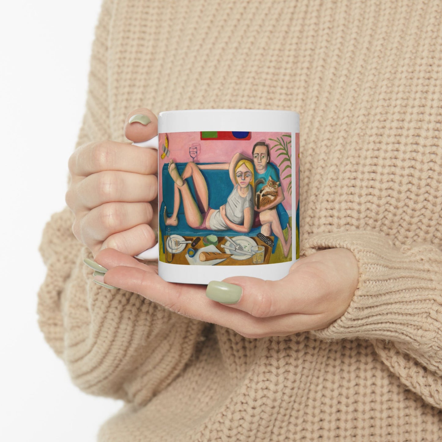 Bingeing (Sunday Night) Ceramic Mug — Cozy Couple & Cat Illustration Coffee Cup (11oz/15oz)