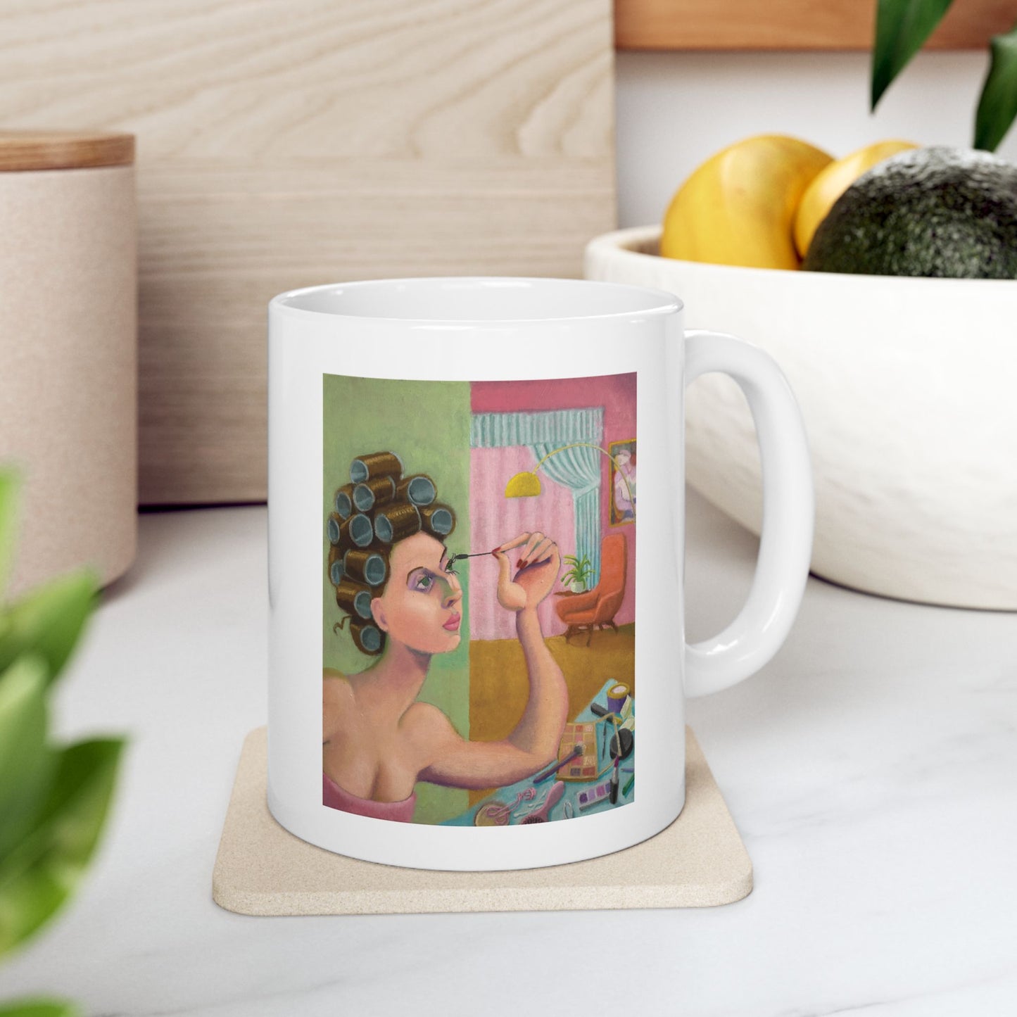 Retro Woman in Rollers Ceramic Mug — Colorful Portrait Coffee Cup (11oz, 15oz)