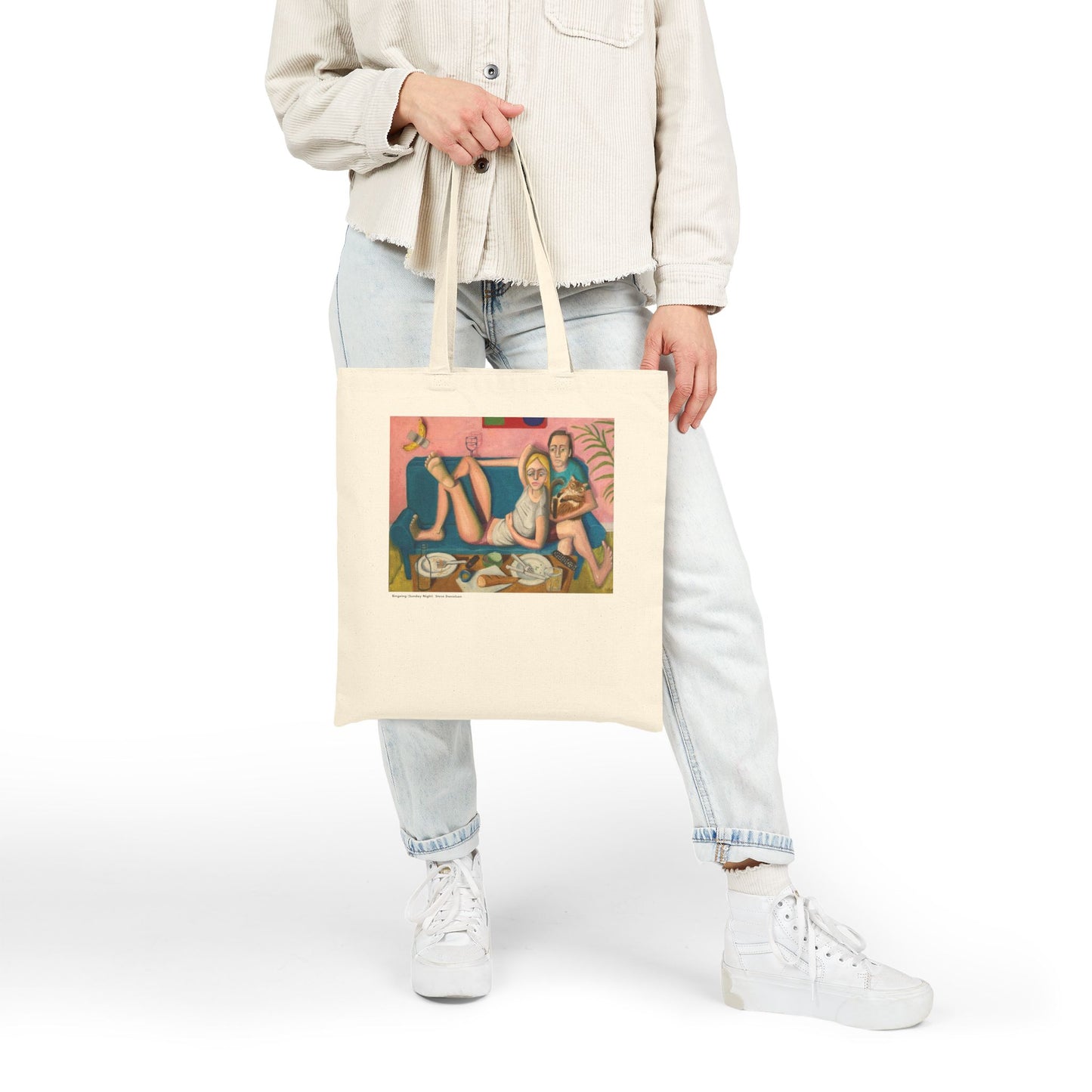 Bingeing (Sunday Night)  — Cotton Canvas Tote Bag with Snuggling Couple & Cat Illustration