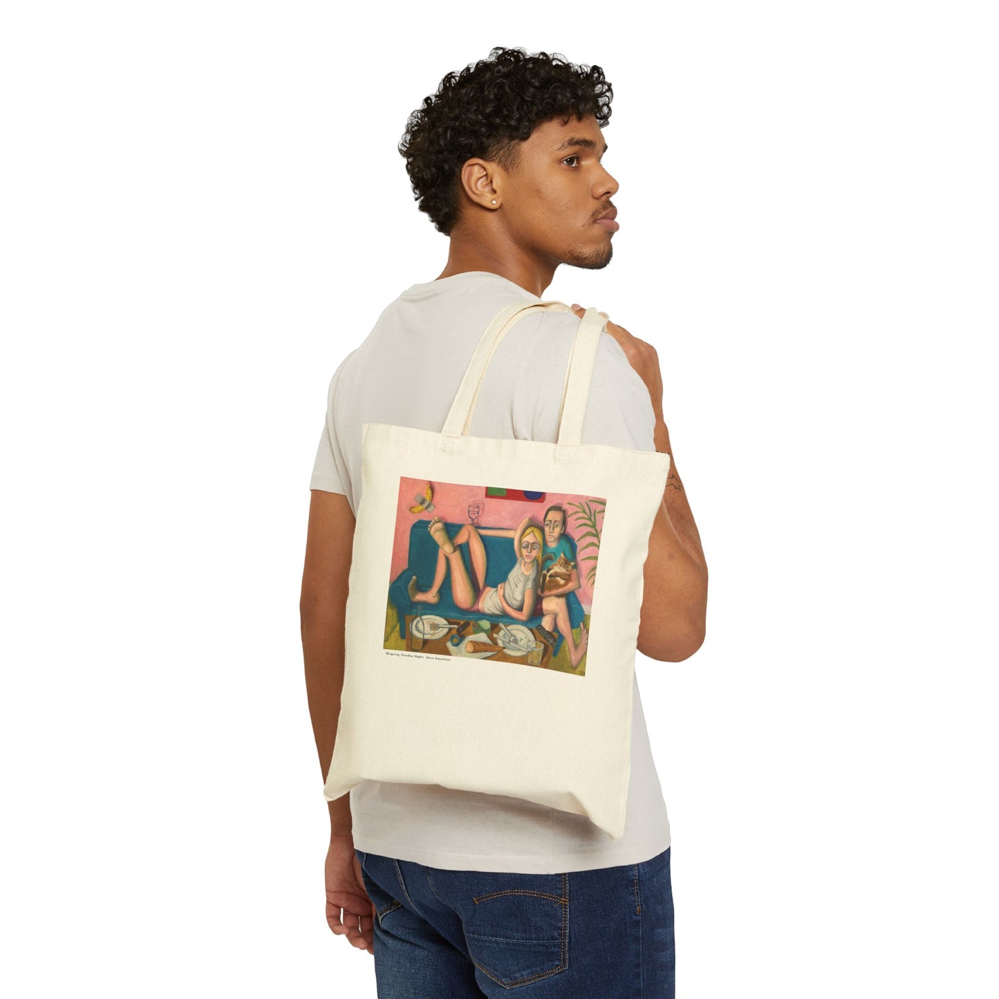 Bingeing (Sunday Night)  — Cotton Canvas Tote Bag with Snuggling Couple & Cat Illustration