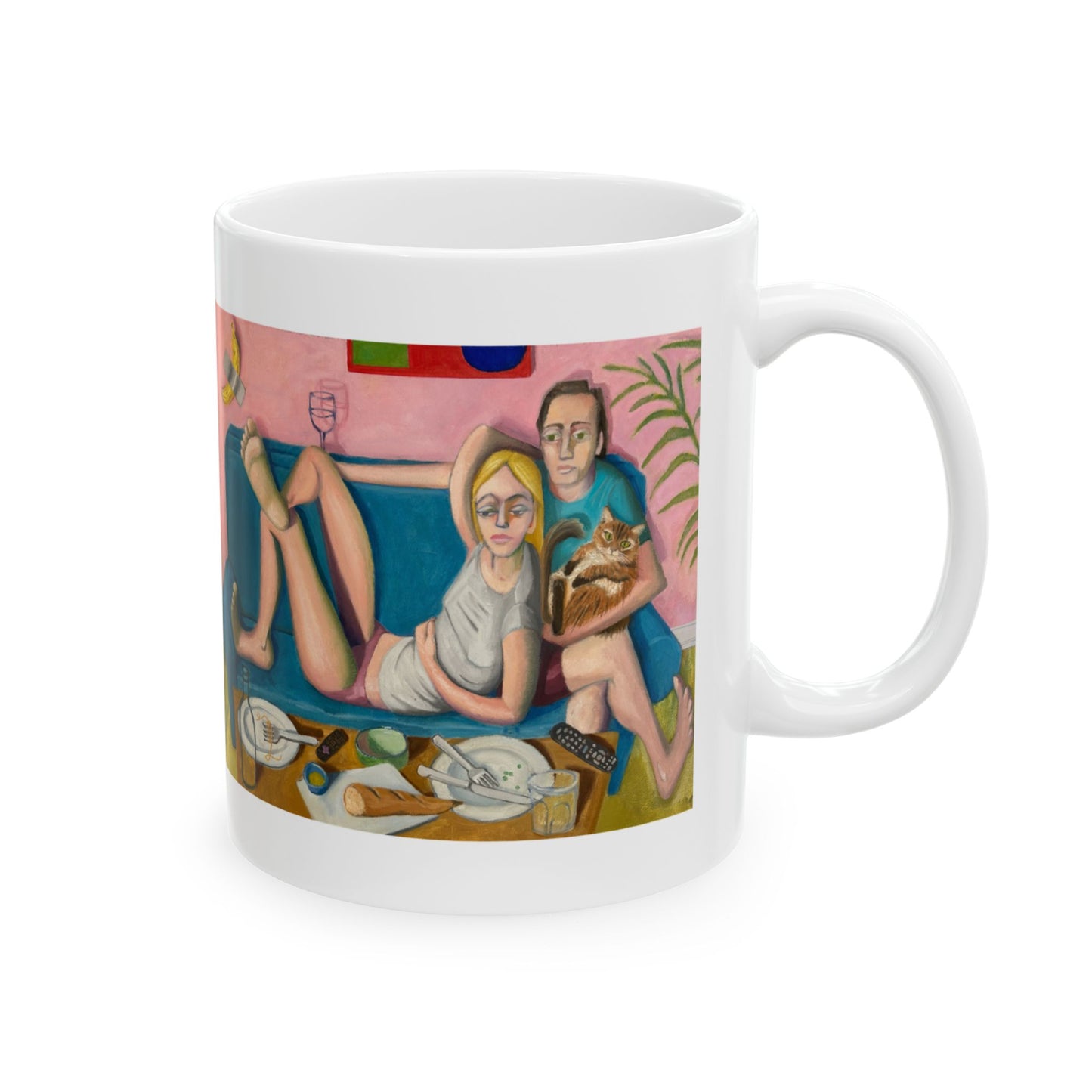 Bingeing (Sunday Night) Ceramic Mug — Cozy Couple & Cat Illustration Coffee Cup (11oz/15oz)