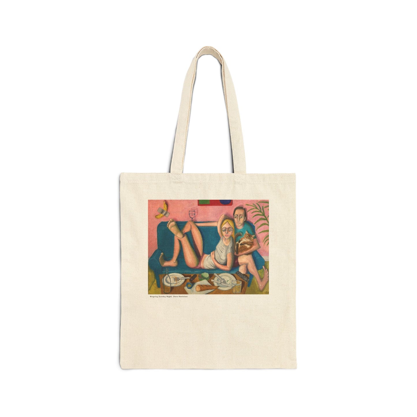Bingeing (Sunday Night)  — Cotton Canvas Tote Bag with Snuggling Couple & Cat Illustration