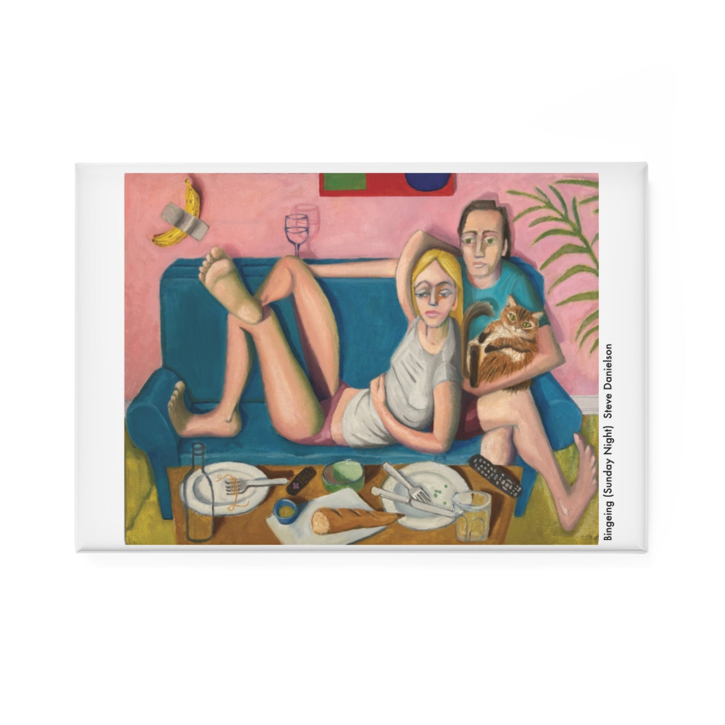 Bingeing (Sunday Night)  Rectangle Art Magnet — Cozy Couple Living Room Illustration