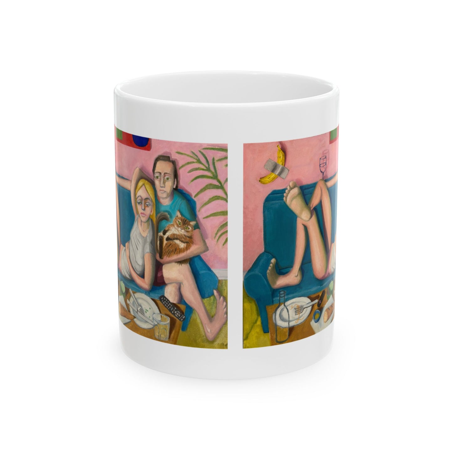 Bingeing (Sunday Night) Ceramic Mug — Cozy Couple & Cat Illustration Coffee Cup (11oz/15oz)
