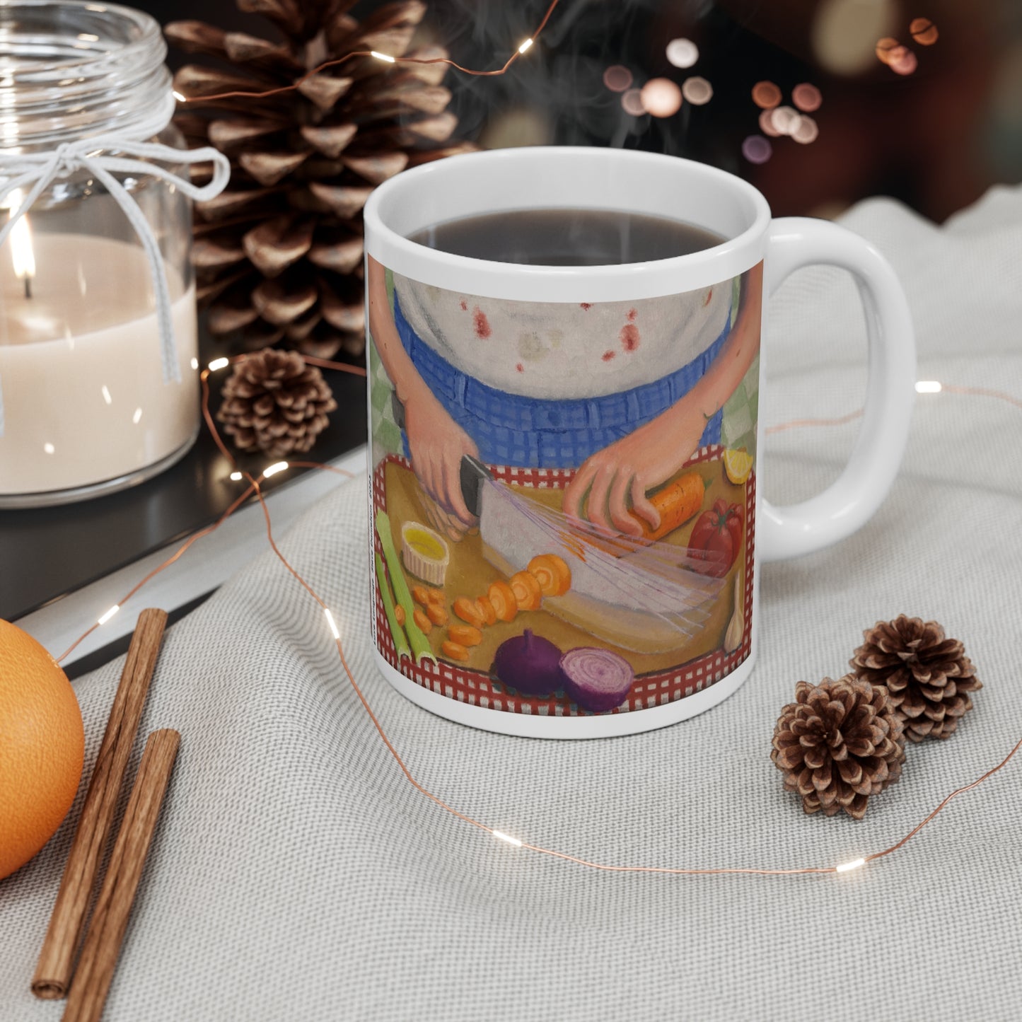 11oz Coffee Mug — Vintage Kitchen Cooking Illustration (Chopping Vegetables)