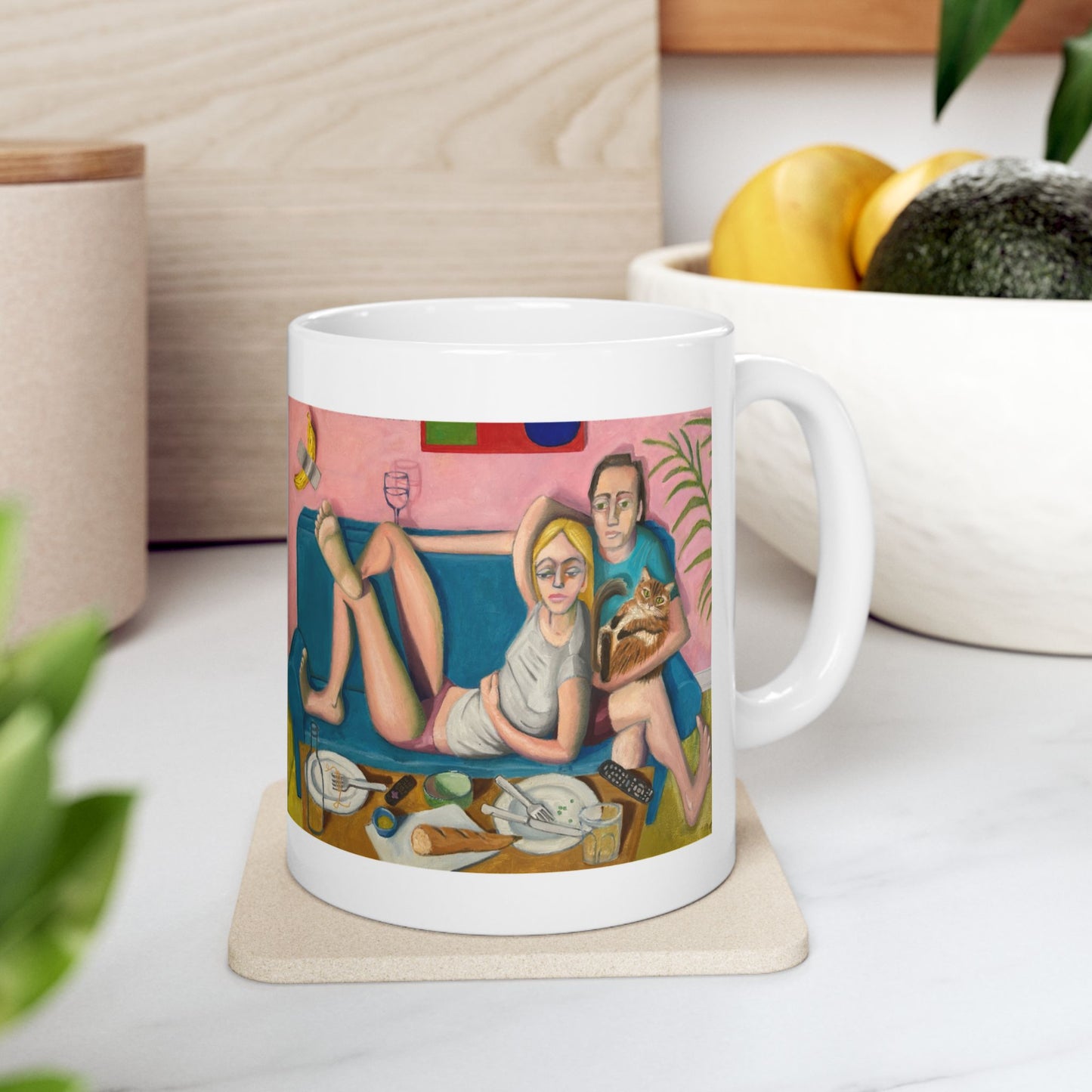 Bingeing (Sunday Night) Ceramic Mug — Cozy Couple & Cat Illustration Coffee Cup (11oz/15oz)